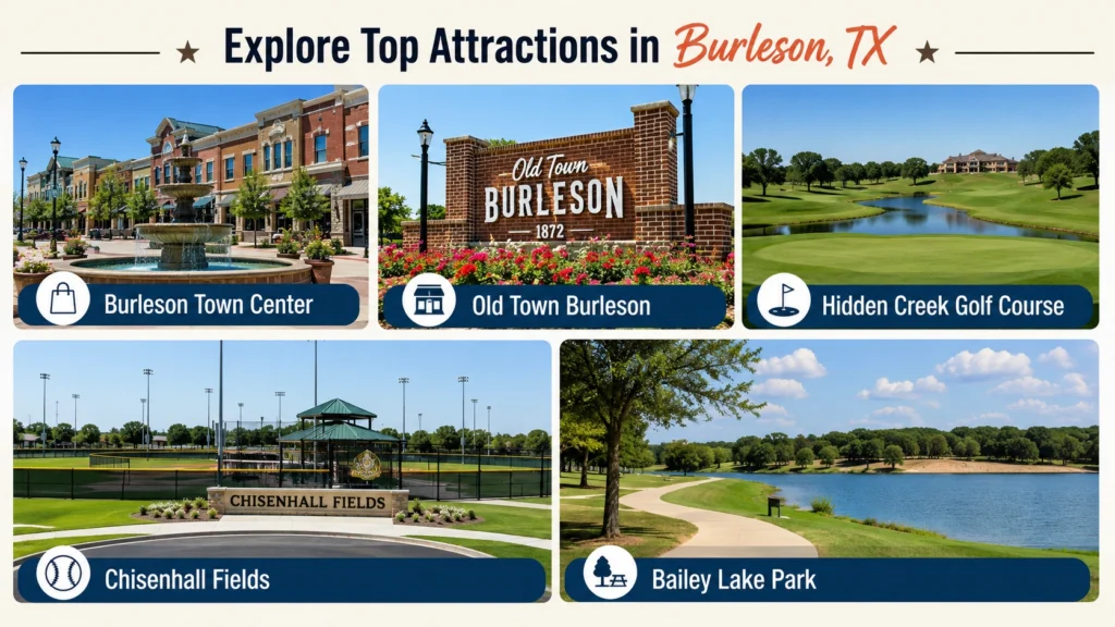 Cheddar's Burleson, TX: Hours, Location, Menu & Map Guide 2 Burleson Town Center
Old Town Burleson
Hidden Creek Golf Course
Chisenhall Fields
Bailey Lake Park