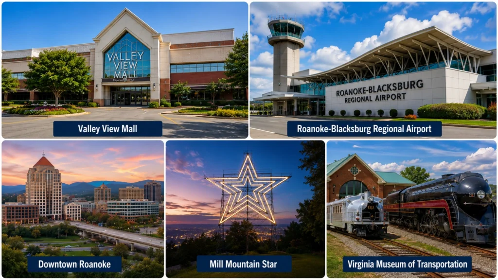 Cheddar's Roanoke VA: Hours, Location, Menu & Map Guide 2 Valley View Mall
Roanoke-Blacksburg Regional Airport
Downtown Roanoke
Mill Mountain Star
Virginia Museum of Transportation